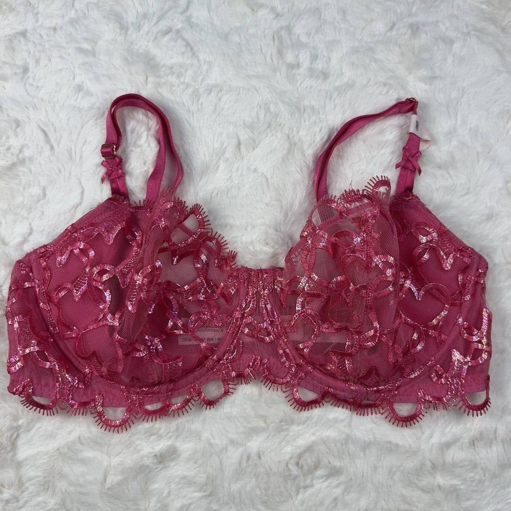 Victoria's Secret Very Sexy Heart Mesh Low Cut Demi Bra 34DDD Fuchsia Lace NWT